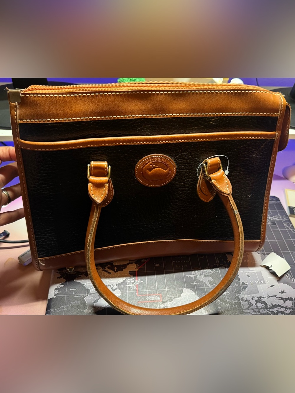 Vintage Dooney & Bourke Black with Tan Trim Leather satchel